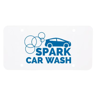 White styrene license plate insert with personalized promotional logo.