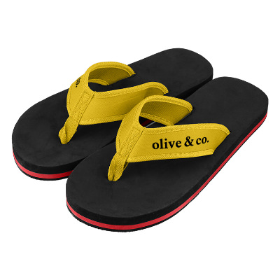 Black and red flip flops with yellow strap and custom logo.