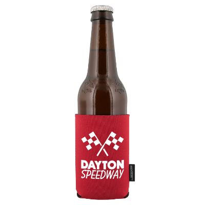 Polyester lime green bottle opener Koozie custom print.