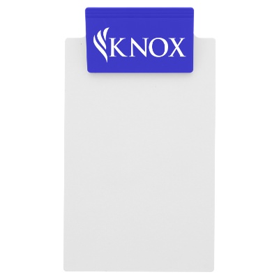 Blue polystyrene clipboard with a personalized logo.