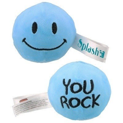 Light blue plush stress buster with a custom imprint.