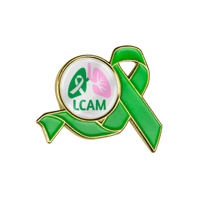 Green metal lapel pin with a branded logo.