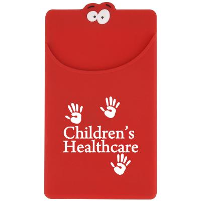 Silicone red goofy phone wallet with customized logo.