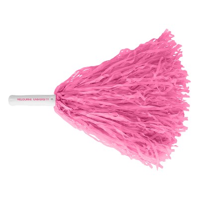 Pink plastic pom pom with a branded logo.