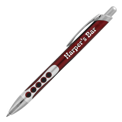 Custom engraved aluminum pen with rubber circle grip and chrome accent.