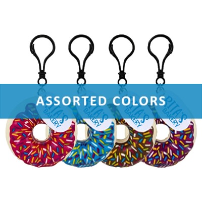 Cushy squishy donut keychain with one color personalized logo.