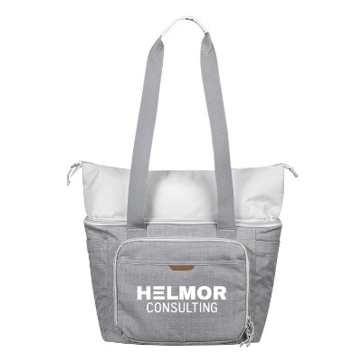 Gray polyester cooler with a custom logo.