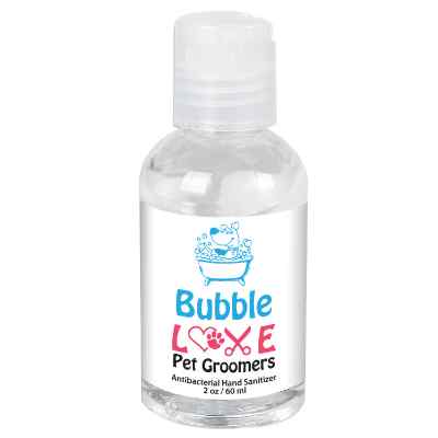 Plastic 2 ounce scented hand sanitizer with personalized full color logo.