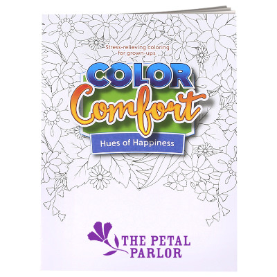 Multicolored paper coloring book with a custom imprint.