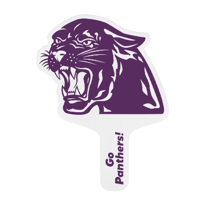 White plastic hand fan with a custom logo.