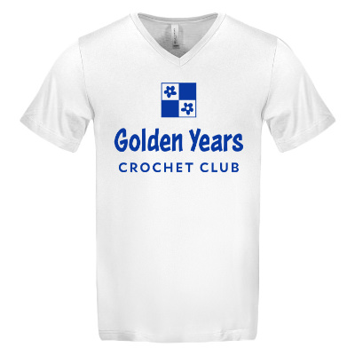 White v-neck tee with custom logo.