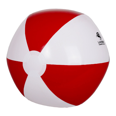 Red vinyl beach ball with a personalized imprint.