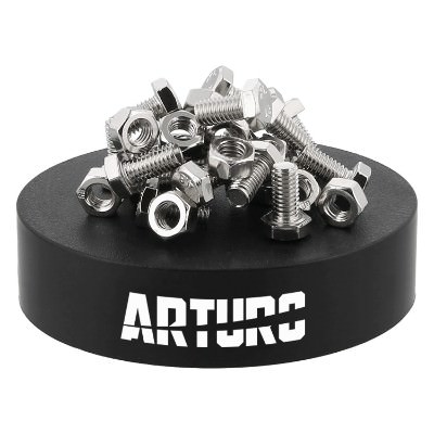 Black magnet with metal nuts and bolts desk accessory with personalized logo.