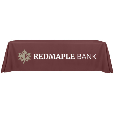 8 foot polyester 3-sided table cover with full-color imprint on front.