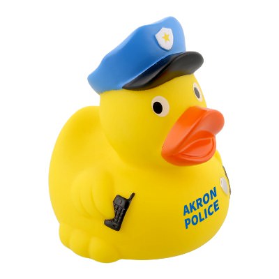 Plastic yellow rubber duck with a personalized imprint.