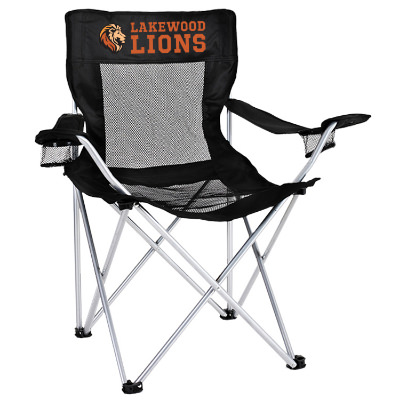 Full color imprint on black mesh back and bottom folding chair with full color logo carrying bag.