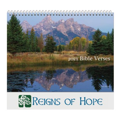 Spiral bound calendar with bible verses and full color promotional logo.