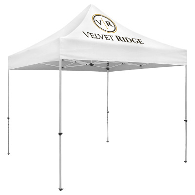 White 10-ft. tent with custom imprint.