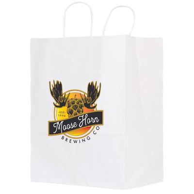 White paper bag with full-color logo.