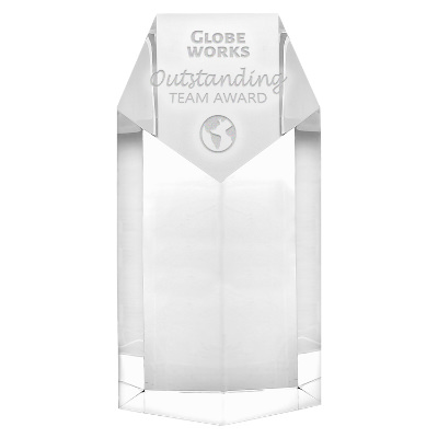 Crystal award with custom laser engraved imprint.