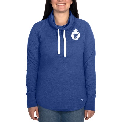 Blue custom imprinted ladies cowl tee.
