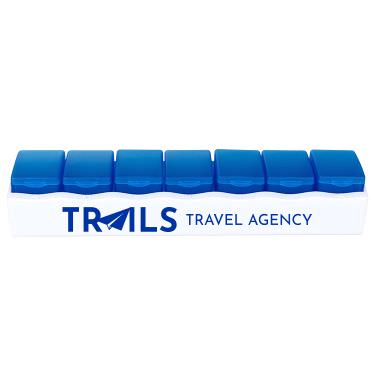 Blue plastic pill box with a custom imprint.