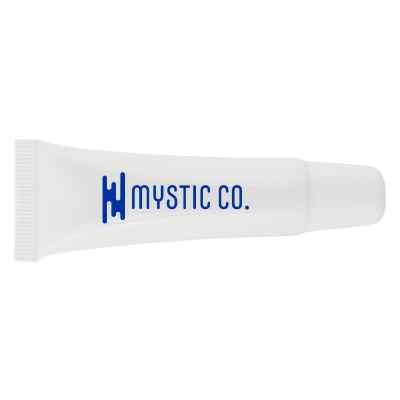 Plastic white lip balm with a custom imprint.