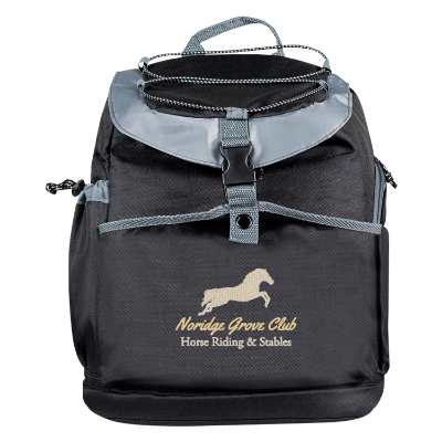 Black backpack cooler with embroidered logo.