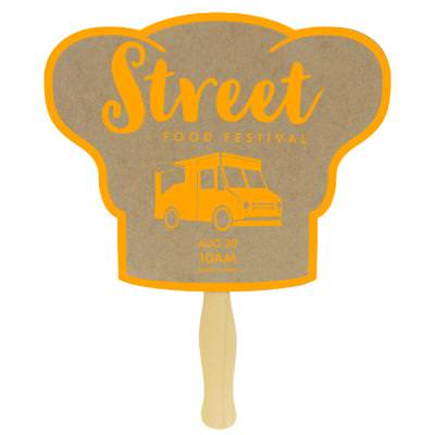 Paper brown hand fan with a personalized imprint.