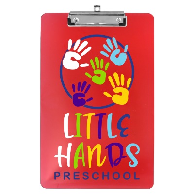 Red polystyrene clipboard with a personalized logo.