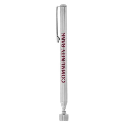 Silver metal magnetic retriever car tool with personalized logo.