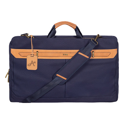 Navy garmet bag with custom engraved logo.