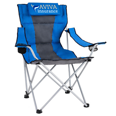 Full color branded reclining blue with charcoal stripe folding chair.