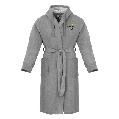 Gray cotton polyester robe with personalized embroidered imprint.