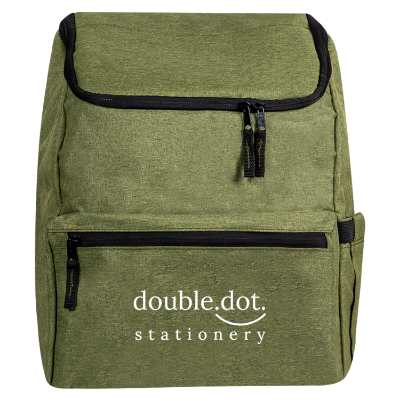 Green backpack cooler with custom logo.