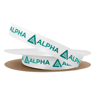 White satin ribbon with a custom imprint.