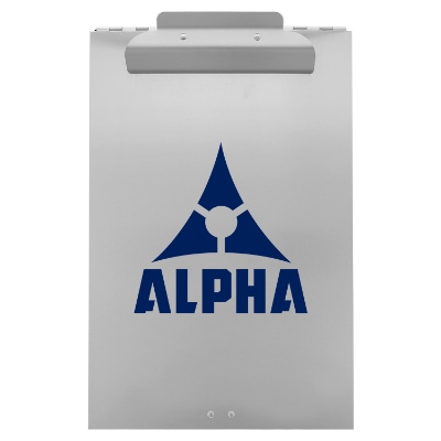 Silver aluminum clipboard with a custom logo.