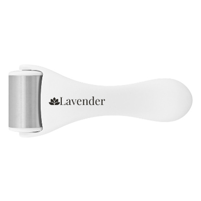 White plastic massage roller with a branded imprint.