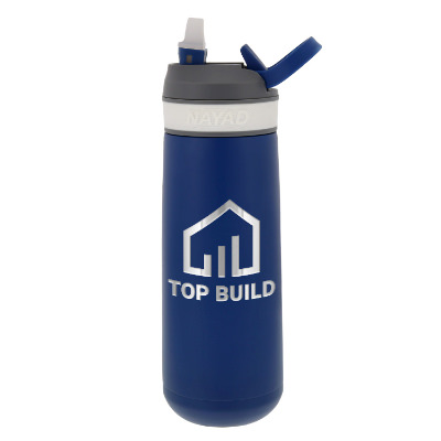 Stainless steel navy blue water bottle with custom engraved logo in 23 oz.