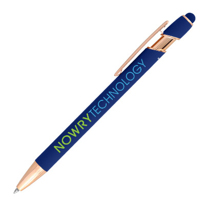 Dark blue aluminum pen with a custom logo.