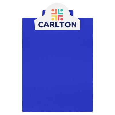 Blue polystyrene clipboard with a personalized logo.