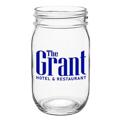 Clear mason jar with custom logo.