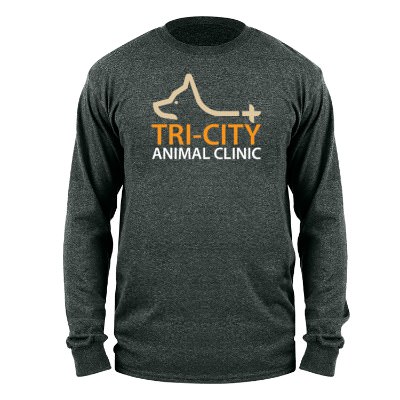 Full color dark heather imprinted custom logoed long sleeve t-shirt.