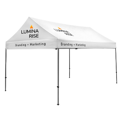 White 10-ft. x 15-ft. gable tent with custom imprint in 4 locations.