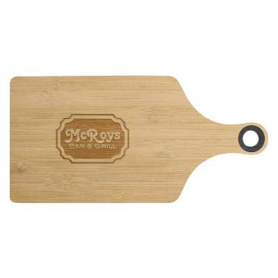 14-in. genoa natural bamboo cutting board with handle with laser engraved promotional logo.