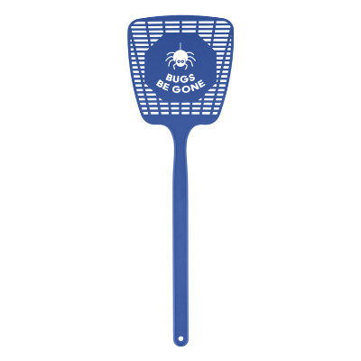 Blue plastic fly swatter with a personalized logo.