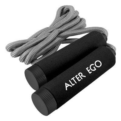 Black jump rope with custom logo on handle.