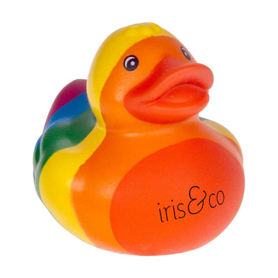 Rainbow rubber duck with a custom imprint.