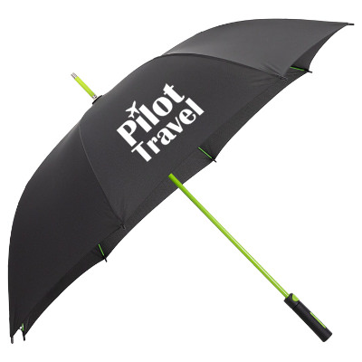 Black umbrella with lime green handle with personalized imprint.