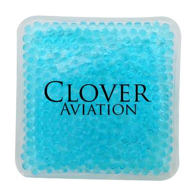 Plastic blue hot and cold pack with a custom imprint.